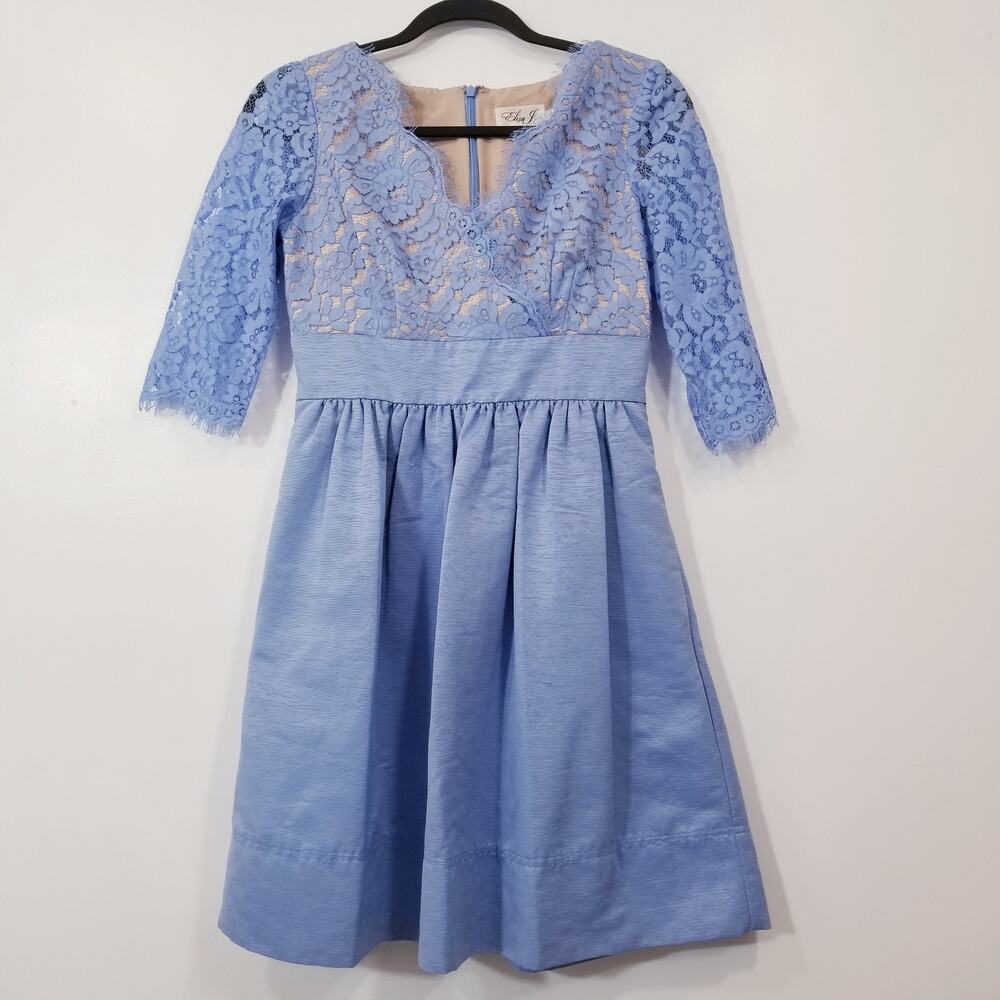 Eliza J Lace Fit and Flare Blue Dress with Pockets